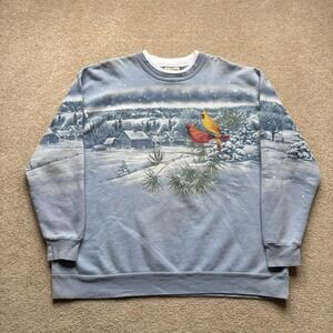 Morning Sun Sweatshirt Womens 2X Blue Winter Scene Cardinals Pullover Grandma